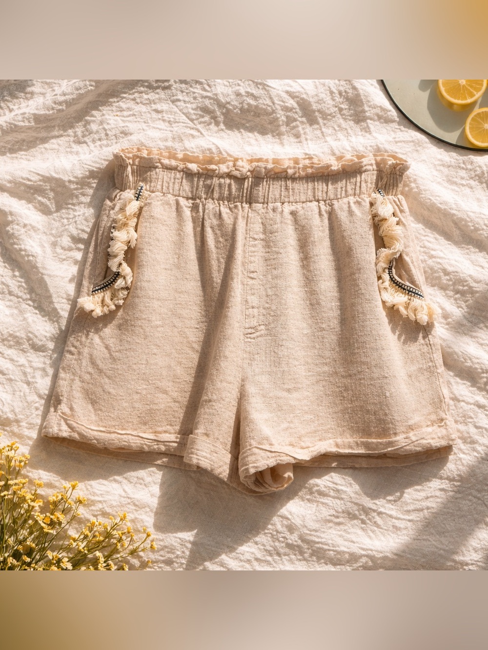 Lost in Lunar Beige Linen Fringe Shorts Size S High Waist | Elastic | Lined